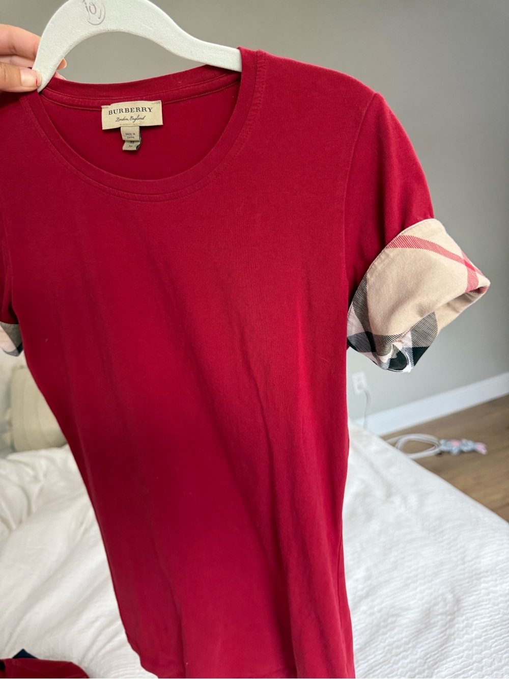 Burberry Deep Red Tee with Signature Check Cuffs - Picture 2 of 3